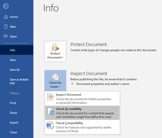 Info screen - Inspect Document - Check for Issues - Check Accessibility