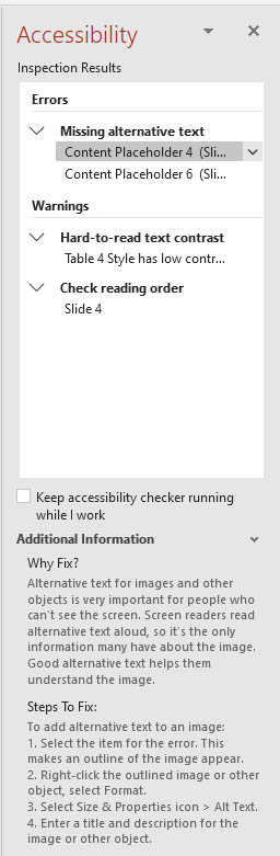 Example of Accessibility Checker inspection results