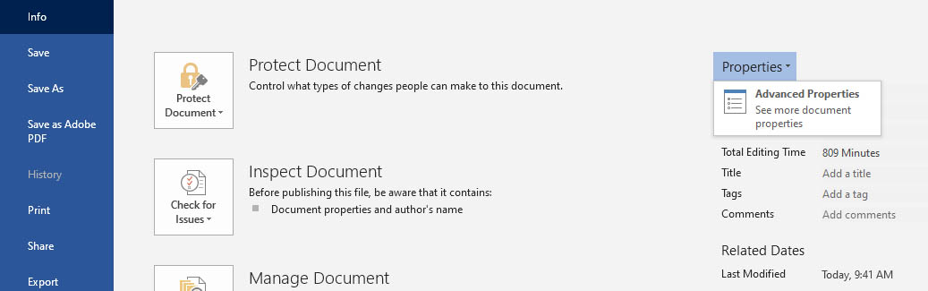 Document Properties screen with Advanced Properties option opened