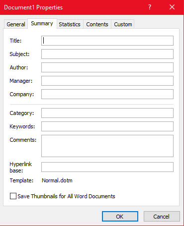 Doucment Properties - Summary tab