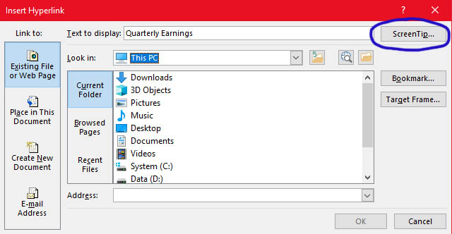 Insert Hyperlink dialogue box with ScreenTip button circled