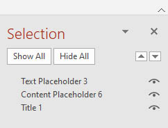 Slide Selection pane listing slide elements