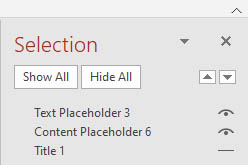 Slide Selection pane showing slide elements with title element hidden