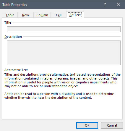 Table Properties dialog box - Alt Text tab