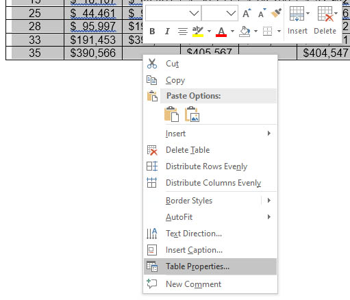 Table Properties drop-down menu