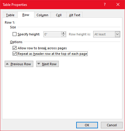 Table Properties - Row Tab showing checked option: Repeat as header row at the top of each page