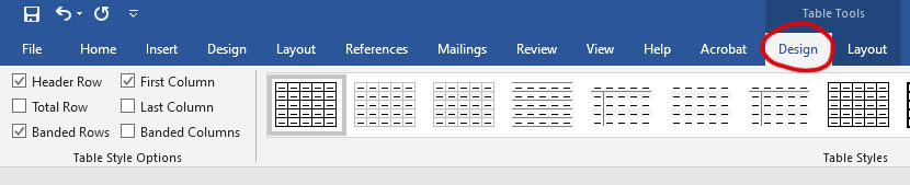Table Tools Menu - Design Tab