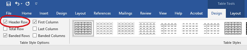 Table Tools Menu - Header Row checkbox