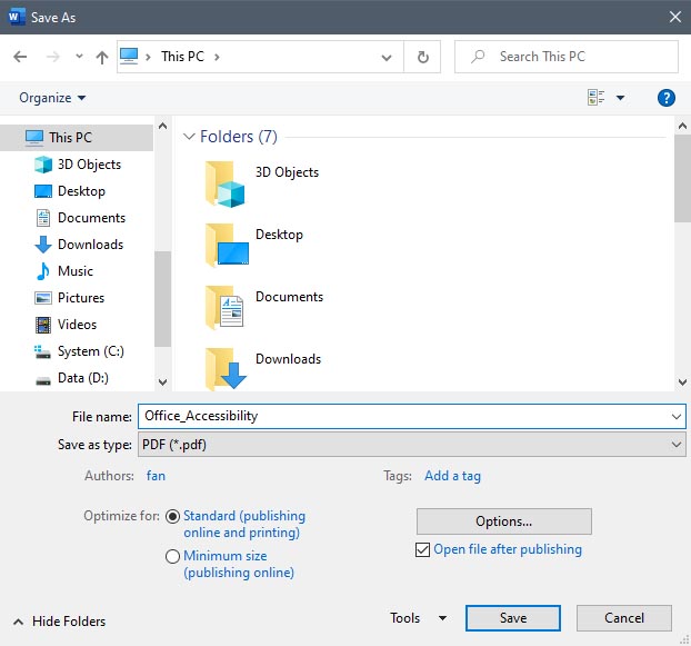 Save As dialog box for PDF file type