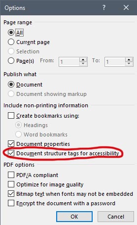 Save As PDF Options with checked option for Document structure tags for accessibility